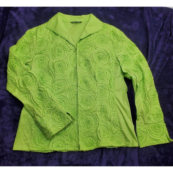 Samuel Dong Women's Size M Green Jacket Tattered Rosette Full Zip Eclectic Artsy - Picture 1 of 16